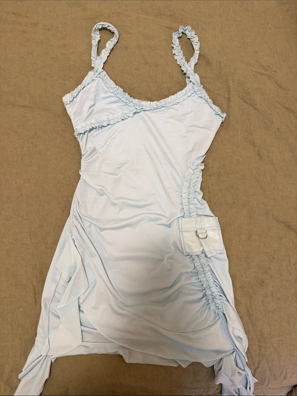 Light Blue Ruffle Ruched Mini Dress - Picture 5 of 9